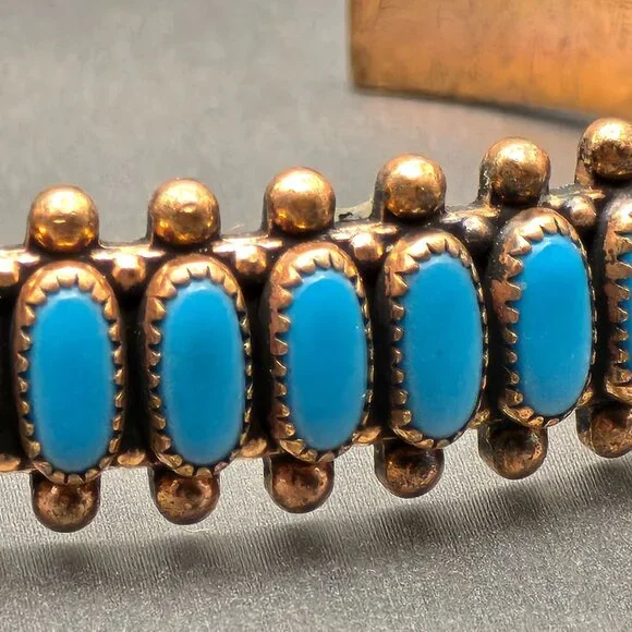 VTG Southwestern Copper Turquoise Cuff Bracelet 6.5" Signed WMCO Saw Tooth Bezel - Picture 6 of 9